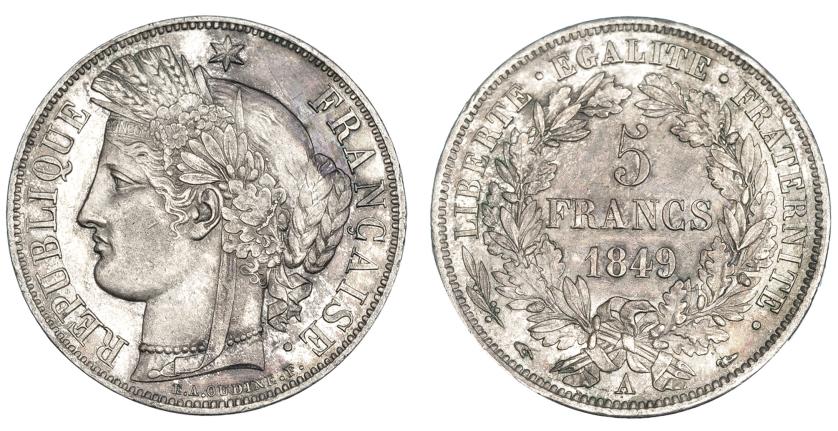 416   -  FRANCIA. 5 francos. 1849 A. KM-761.1. Pátina irregular. EBC-.