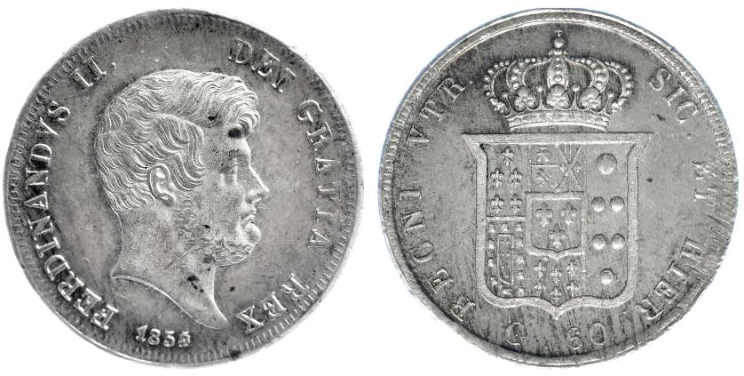 428   -  ESTADOS ITALIANOS. REINO DOS SICILIAS. Fernando II. 1/2 piastra o 60 grana. 1854/2. Nápoles. KM-152c. Rayitas de ajuste. B.O. EBC.