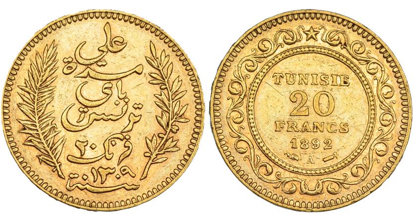 440   -  TÚNEZ. 20 francos. 1892 A. KM-227. Pequeñas marcas. EBC-.