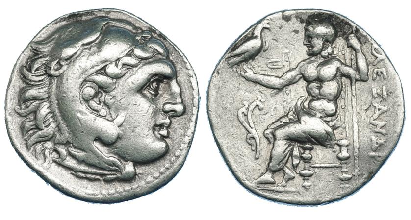 53   -  MACEDONIA. Alejandro III. Dracma. Ceca incierta (325-310 a.C.). R/ Delante del trono aplustre. PRC-862. SBG-6730 vte. MBC.