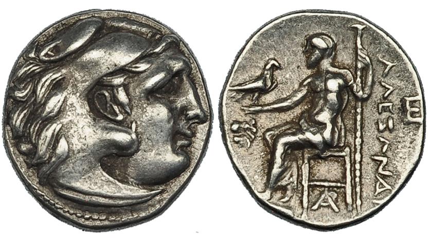 54   -  MACEDONIA. A nombre de Alejandro III. Dracma. Magnesia (305-297 a.C.). R/ Delante del trono cabeza de león, debajo monograma y detrás E. AR 4,27 g. PRC-1991. MBC+.