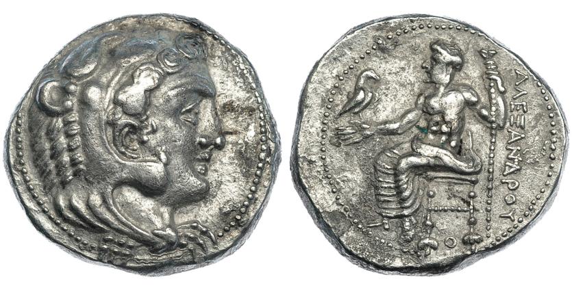 57   -  MACEDONIA. Alejandro III. Tetradracma. Tiro (332-327 a.C.). R/ Símbolo O debajo del trono. AR 16,64 g. PRC-3244. Leves oxidaciones. MBC+.