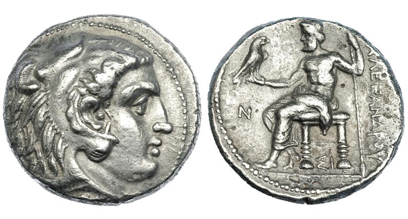 59   -  MACEDONIA. Alejandro III. Tetradracma. Sidón (321-320). R/ Delante del trono N, debajo SI. AR 16,90 g. PRC-3501. Ligeras erosiones en rev. MBC+. 