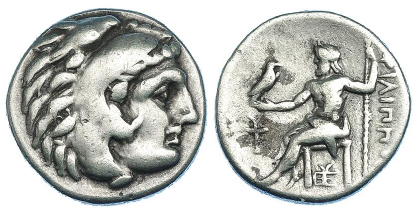 62   -  MACEDONIA. Filipo III. Dracma. Sardes (323-319 a.C.). R/ Delante del trono antorcha, debajo monograma. PRC-P80. MBC-.