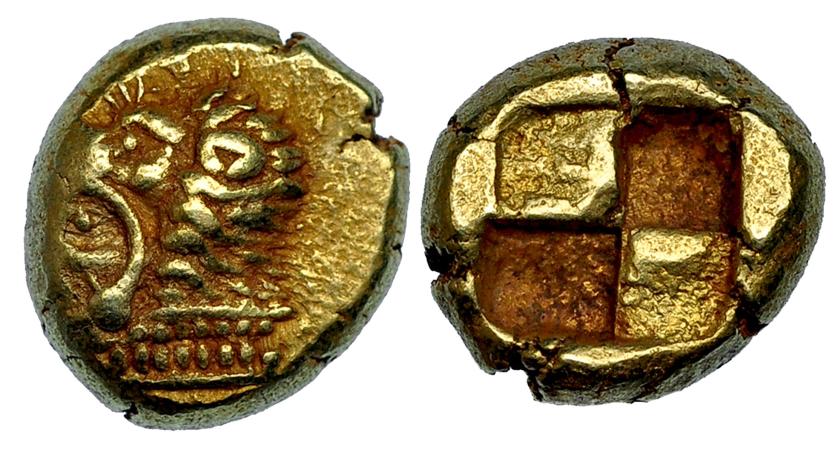 71   -  JONIA. Eritras. Hekte (c. 550-500 a.C.). A/ Cabeza de Herakles con leonté a izq. R/ Cuadrado incuso. EL-2,59 g. COP-No. BMC-7. MBC.