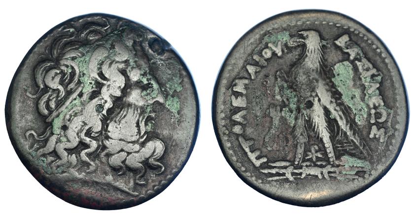 78   -  EGIPTO. Ptolomeo III (246-221 a.C.). AE-42. A/ Cabeza de Zeus-Amón a der. R/ Águila sobre haz de rayos a izq., delante cornucopia; entre las patas monograma XP; PTOLOMEOY BASILEOS. AE 68,81 g. COP-171 ss. SBG-7814. Zonas con pátina verde. MBC-.