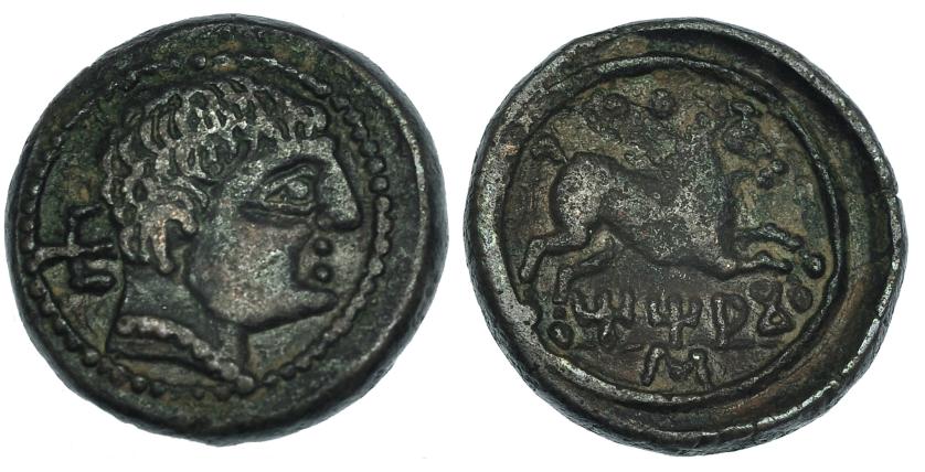 249   -  TITIAKOS. Mitad. A/ Cabeza masculina a der., detrás signo ibérico Ti. R/ Caballo a der., encima dos puntos, debajo ley. ibérica TiTiAKo/S. AE 6,44 g. CNH-4. I-3396. I-2396. ACIP-1887. MBC/MBC-. Muy rara.