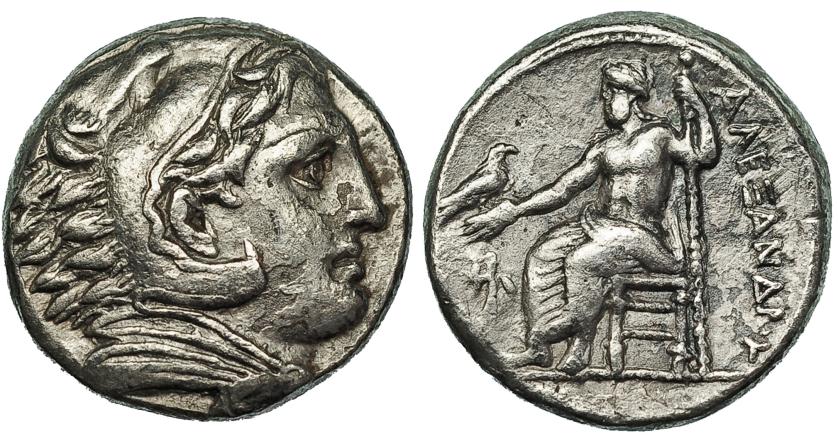 259   -  MACEDONIA. ALEJANDRO III. Tetradracma. Anfípolis (c. 325-323 a.C.). R/ Delante del trono Atenea. AR 16,81 g. PRC-105. Pequeñas erosiones. MBC/MBC-.