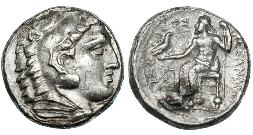 261   -  MACEDONIA. ALEJANDRO III. Tetradracma forrada. Anfípolis (c. 323-320 a.C.). R/ Delante del trono monograma. AR 14,06 g. PRC-121. Leve oxidación. MBC+/MBC.