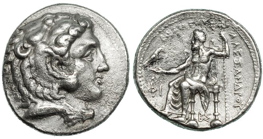263   -  MACEDONIA. ALEJANDRO III. Tetradracma. Side (c. 325-320 a.C.). R/ Delante del trono FI (griego), debajo BS (griego).  AR 16,82 g. PRC-2955. Leves concreciones. MBC.