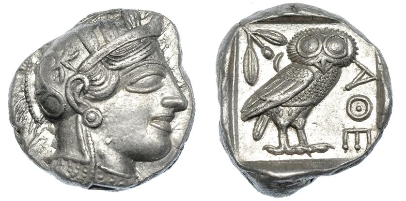 264   -  ÁTICA. Atenas. Tetradracma (454-405 a.C.). A/ Cabeza de Atenea a der. R/ Lechuza a der. dentro de cuadrado incuso, detrás rama de olivo, delante AQE. AR 17,23 g. COP-34-37. SBG-2526. EBC.