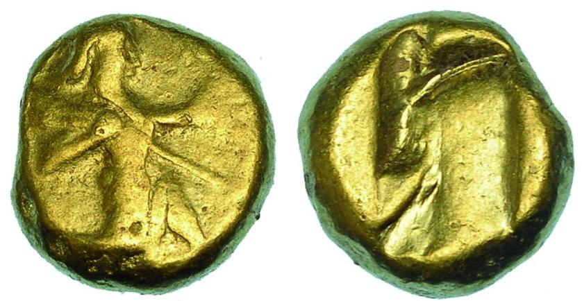 269   -  REYES AQUEMÉNIDAS. Darío I a Jerjes II (420-375 a.C.). A/ Rey persa o héroe arrodillado a der. con lanza y arco. R/ Punzón incuso. AU 8,32 g. COP-274-7. SBG-4679. MBC-. Muy escasa.