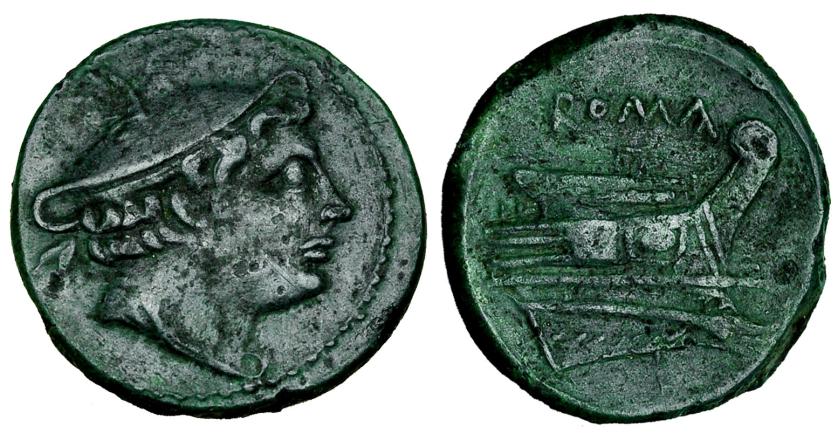 273   -  Semiuncia. Roma. A/ Cabeza de Mercurio con pétaso alado a der. R/ ROMA sobre proa a der. AE 6,00 g. CRAW-38.7. Bonita pátina verde. MBC.