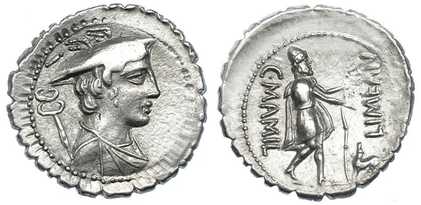 279   -  MAMILIA. Denario. Roma (82 a.C.). A/ Mercurio, marca de control I. CRAW-362.1. FFC-835. Vano en anv. EBC-.