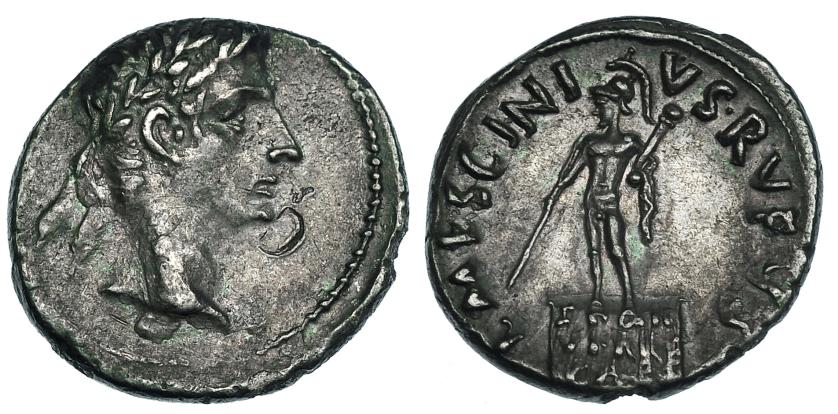 290   -  AUGUSTO. Denario. Roma (16 a.C.). R/ Marte a izq. con lanza y parazonium sobre pedestal con ley.; L MESCINIVS RVFVS. RIC-351. FFC-290. Contramarca en anv. Pátina gris. MBC+/EBC. Rara.