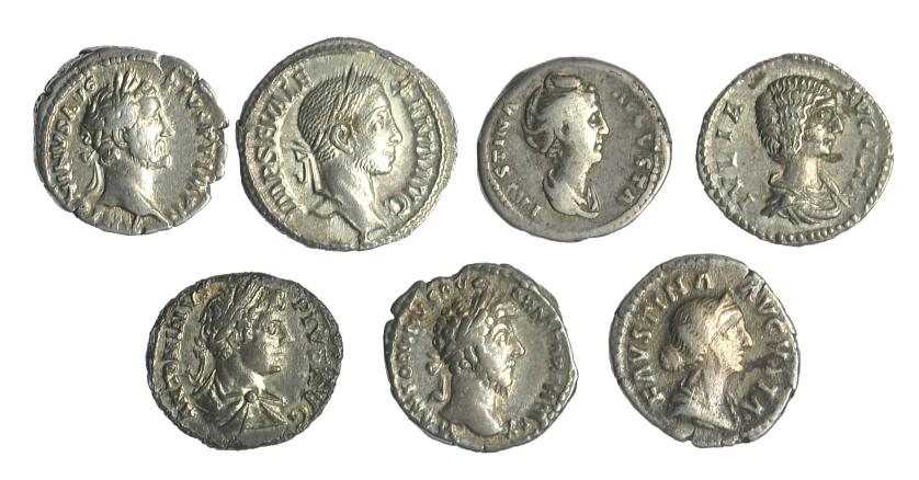 295   -  Lote 7 denarios: Faustina la Mayor, Antonino Pío, Marco Aurelio, Faustina la Menor, Julia Domna, Caracalla y Alejandro Severo. BC+/MBC.