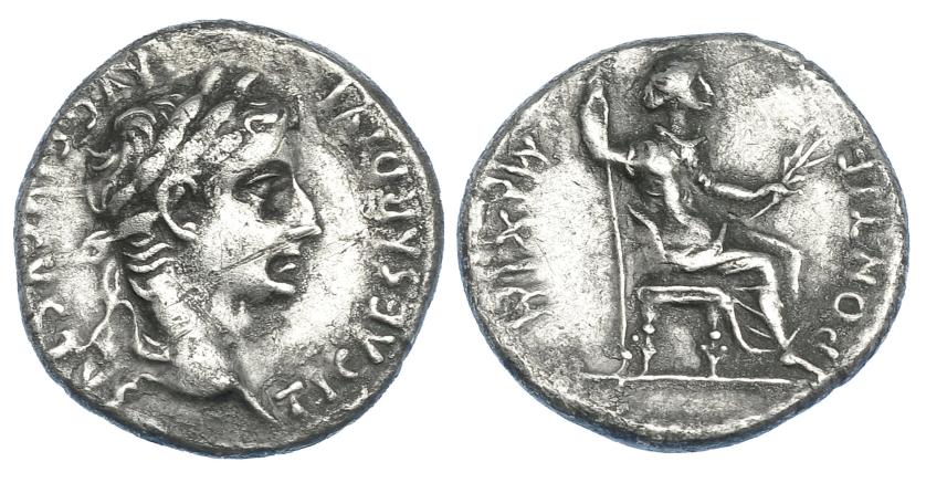 307   -  TIBERIO. Denario. Lugdunum (36-37 d.C.). R/ Livia entronizada a der. con cetro. RIC-30. BC+/MBC-. Escasa.