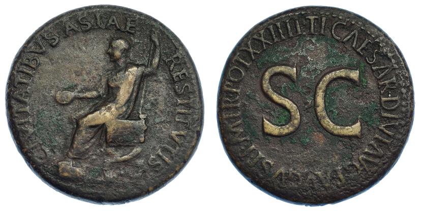 308   -  TIBERIO. Sestercio. Roma (14-37 d.C.). A/ Tiberio sentado a izq. con cetro y pátera; CIVITATIBVS ASIAE RESTITVTIS. R/ SC, alrededor TI CAESAR DIVI AVG F AVGVST P M TR POT XXIIII. RIC-48. MBC.