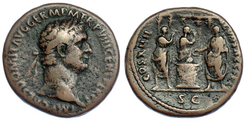 335   -  DOMICIANO. As. Roma (88-89). R/ Escena de sacrificio delante de templo; COS XIIII LVD SAEC FEC, SC. RIC-385. BC+. Muy escasa.