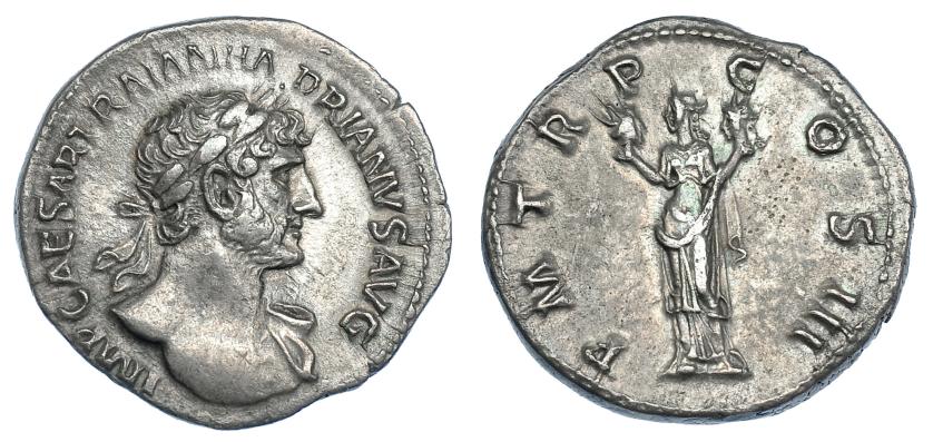 341   -  ADRIANO. Denario. Roma (119-122). R/ Aeternitas a izq. con cabeza del Sol y la Luna; P M TR P COS III. RIC-81. MBC+.