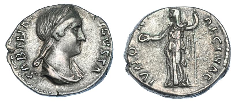 348   -  SABINA. Denario. Roma. R/ Juno a izq. con pátera y cetro; IVNO REGINAE. RIC-395. MBC.