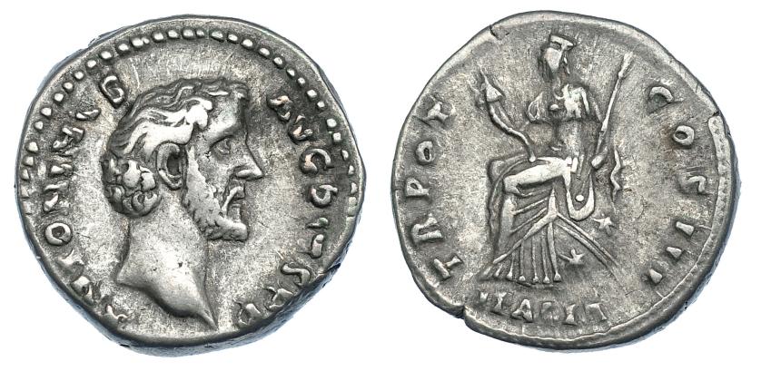 354   -  ANTONINO PÍO. Denario. Roma (140-143). R/ Italia sentada a izq.; TR POT COS III, exergo ITALIA. RIC-85. MBC.