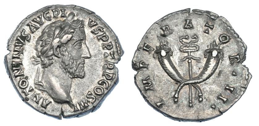 355   -  ANTONINO PÍO. Denario. Roma (143-144). R/ Caduceo alado entre dos cornucopias; IMPERATOR II. RIC-112. MBC+. Escasa.