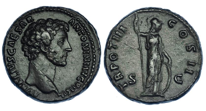366   -  MARCO AURELIO. As. Roma (149-150). R/ Minerva a der. con lanza y escudo; TR POT III COS II, S-C. RIC-1298. Pátina oscura. MBC+.