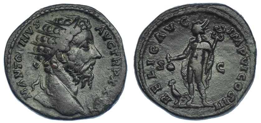 367   -  MARCO AURELIO. Dupondio. Roma (172-173). R/ Mercurio a izq., a sus pies gallo; RELIG AVG IMP VI COS III, S-C. RIC-1072. Pátina oscura. MBC.