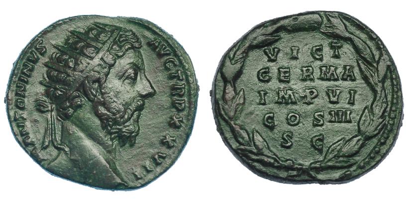 368   -  MARCO AURELIO. Dupondio. Roma (172-173). R/ Corona rodeando VICT/GERMA/IMP VI/COS III/ SC. RIC-1092. Pátina verde. MBC+/EBC-.