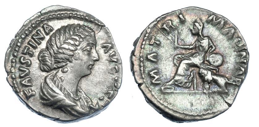 373   -  FAUSTINA LA MENOR. Denario. Roma (161-175). R/ Cibeles sentada a izq. con rama, detrás león; MATRI MAGNAE. RIC-706. EBC-/MBC.