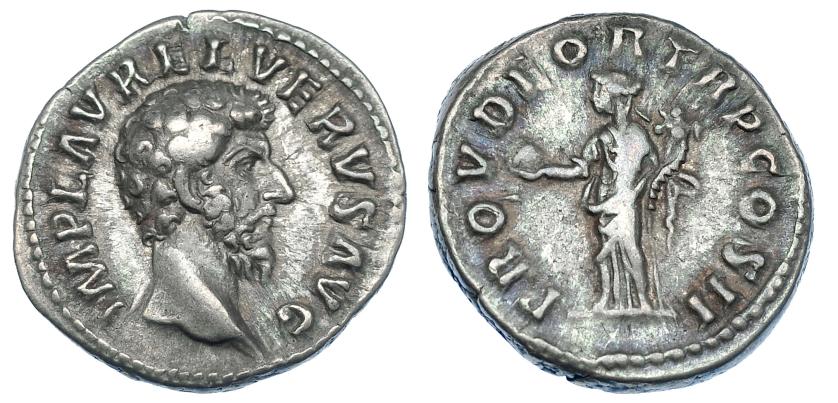 375   -  LUCIO VERO. Denario. Roma (161). R/ Providentia a izq. con timón y globo; PROV DEORVM TR P COS II. RIC-463. MBC.