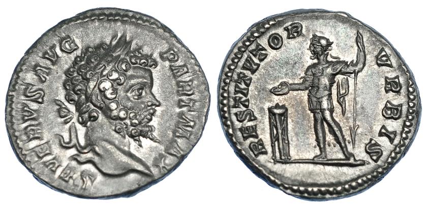 391   -  SEPTIMIO SEVERO. Denario. Roma (206). R/ El emperador en traje militar a izq. ofrendando sobre trípode; RESTITVTOR VRBIS. RIC-167a. EBC-.