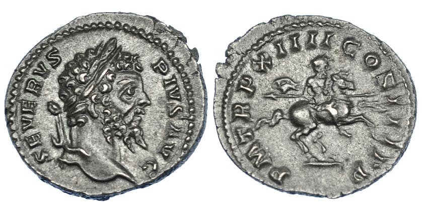 392   -  SEPTIMIO SEVERO. Denario. Roma (206). R/ El emperador a caballo con lanza a der.; P M TR P XIIII COS III P P. RIC-203. EBC/EBC-. Muy escasa.