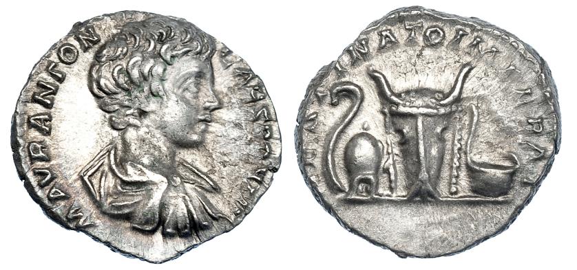 397   -  CARACALLA. Denario. Roma (196-198). R/ Lituus, apex, simpulum y bucráneo; DESTINATO IMPERAT. RIC-6. EBC-. Muy escasa.