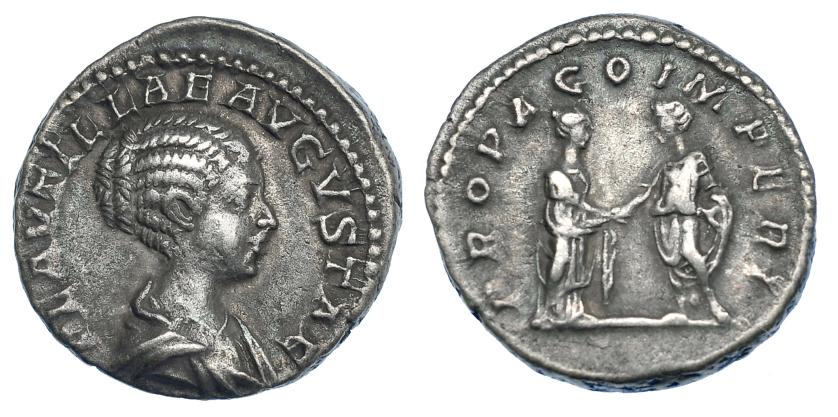 398   -  PLAUTILA. Denario. Roma (202-205). R/ Caracalla y Plautila dándose la mano; PROPAGO IMPERI. RIC-362. MBC.
