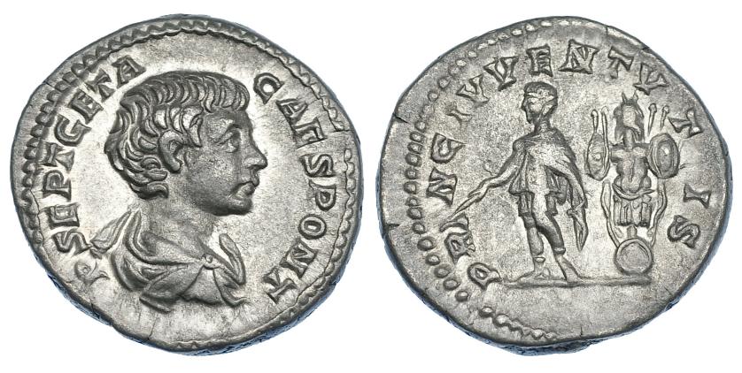 400   -  GETA. Denario. Roma (200-202). R/ El emperador en traje militar a izq., detrás trofeo; PRINC IVVENTVTIS. RIC-18. EBC/MBC+.