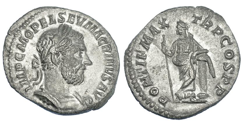 401   -  MACRINO. Denario. Roma (217). R/ Felicitas a izq. con caduceo y cornucopia; PONTRIF MAX TR P COS P P. RIC-21b. MBC+.