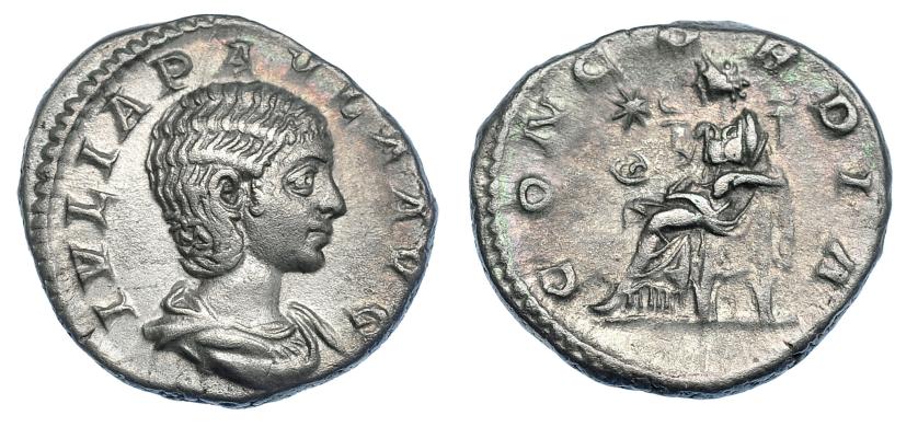 402   -  JULIA PAULA. Denario. Roma (216-220). R/ Concordia sentada a izq. con pátera, en campo estrella; CONCORDIA. RIC-211. MBC+.