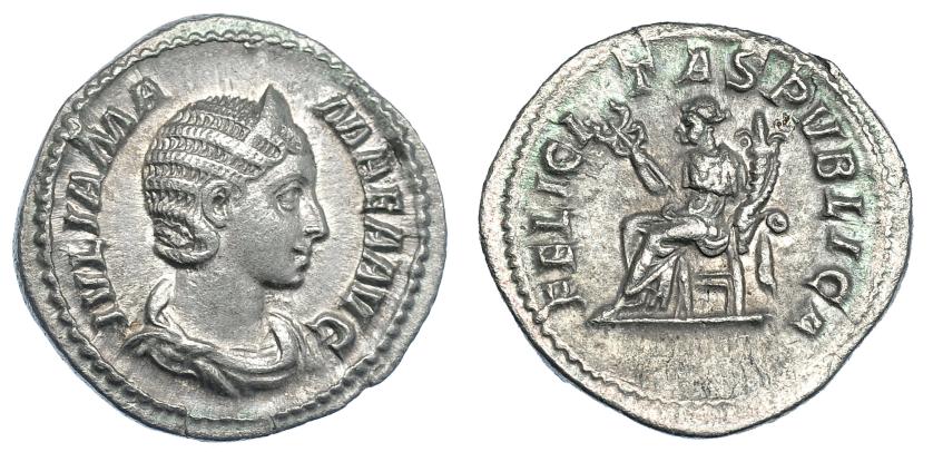 405   -  JULIA MAMEA. Denario. Roma (222-235). R/ Felicitas sentada a izq. con caduceo y cornucopia; FELICITAS PVBLICA. RIC-338. MBC+.