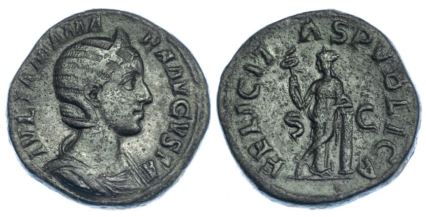 407   -  JULIA MAMEA. Sestercio. Roma (222-235). R/ Felicitas a der. apoyada en columna y con caduceo. RIC-676. Pátina verde oscuro con pequeñas erosiones. MBC.