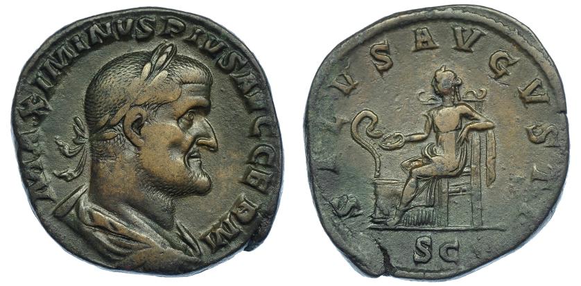 411   -  MAXIMINO. Sestercio. Roma (235-238). R/ Salus sentada a izq. alimentando serpiente; SALVS AVGVSTI, exergo SC. RIC-85. MBC.