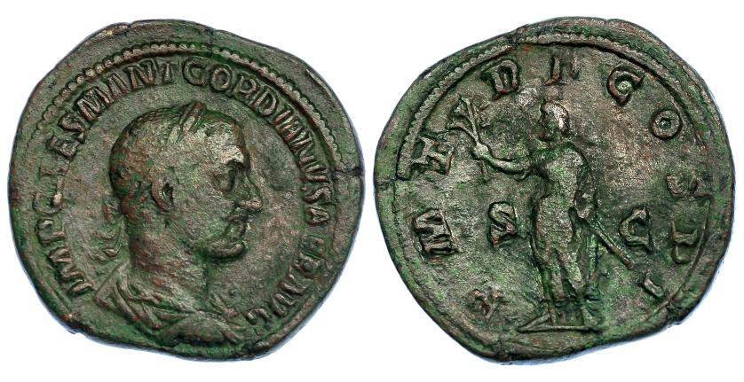 412   -  GORDIANO I. Sestercio. Roma (238). R/ Emperador a izq. con rama y parazonium; P M TR P COS PP, S-C. RIC-7. Trazas de limpieza mecánica. Pátina verde. BC+. Muy rara.