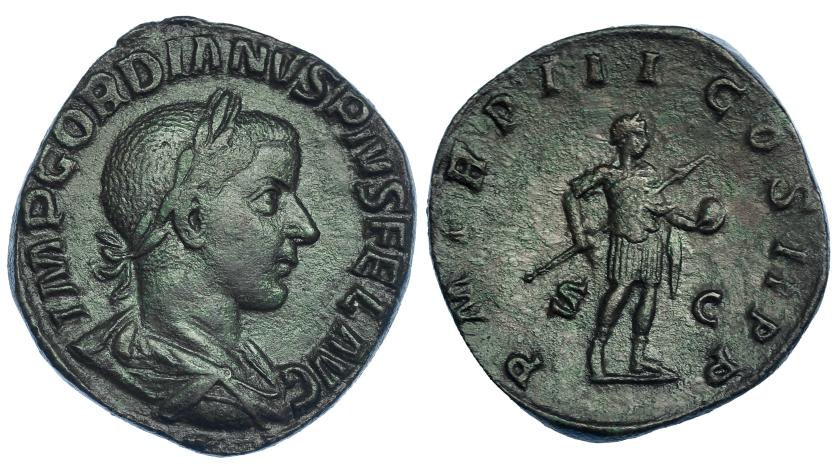 417   -  GORDIANO III. Sestercio. Roma (241-244). R/ Emperador en traje militar a der. con globo y asta; P M TR P III COS II P P, S-C. RIC-305a. Pátina verde oscuro. MBC.