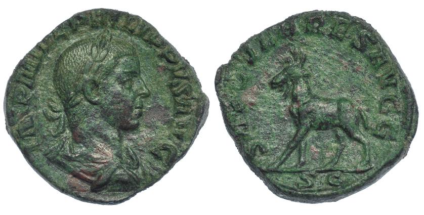 420   -  FILIPO II. Sestercio. Roma (246-249). R/ Cabra avanzando a izq.; SAECVLARES AVGG, exergo SC. RIC-264. Pátina verde. MBC-.