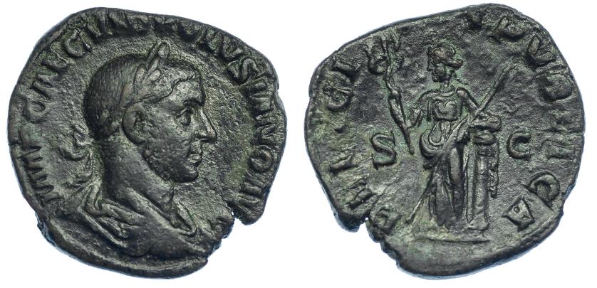 425   -  VOLUSIANO. Sestercio. Roma (253). R/ Felicitas a izq. con cetro, caduceo y apoyada en columna; FELICITAS PVBLICA, S-C. RIC-251a. Pátina verde oscuro. MBC.