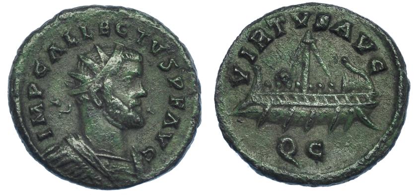 435   -  ALECTO. Quinario. Camulodunum (293-296). R/ Galera a izq.; VIRTVS AVG, exergo QC. RIC-129 vte. Pátina verde. MBC.