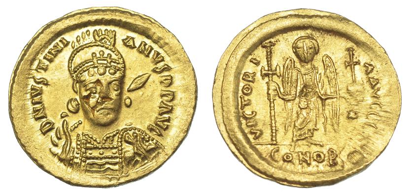 448   -  JUSTINIANO I. Sólido. Constantinopla. A/ Emperador con lanza y escudo. SBB-137. Pequeños defectos de cospel. R.B.O. EBC.