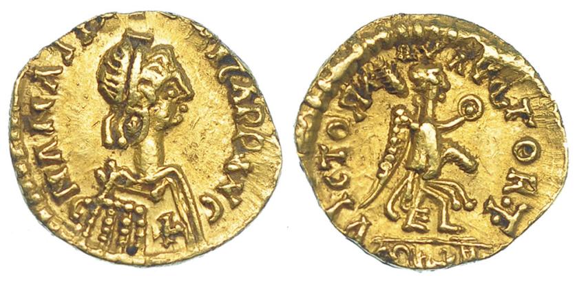 454   -  ACUÑACIONES PSEUDOIMPERIALES. Época de Alarico II a Amalarico. A nombre de Anastasio. Tremissis. AU 1,46 g.  Tomasini- Grupo A.3. MBC+/MBC.