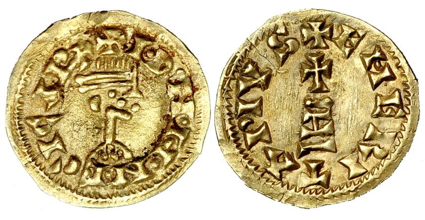 485 - EGICA. Tremissis. Emerita. AU 1,37 g. CNV-536, mismo ejemplar ilustrado. Fina grieta. Ex col. Cernuda. EBC-. Rarísima. Ex Vico, junio 2007.
